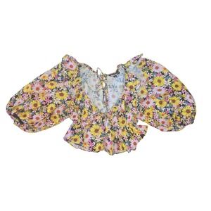 For Love & Lemons Glenn Top Floral Puff Sleeve Yellow Pink XS CT1889-FA22